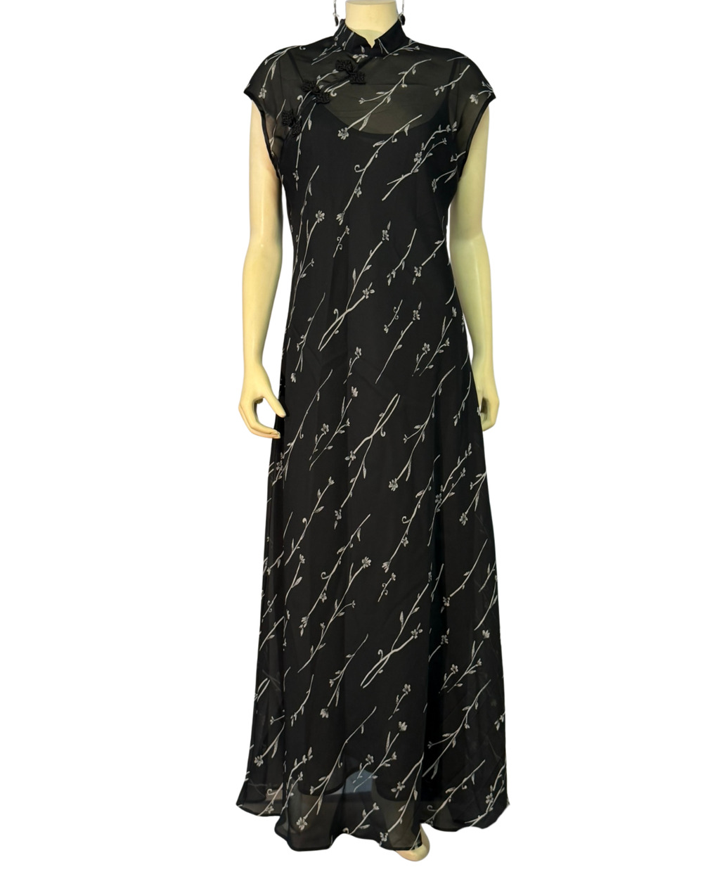 Vtg Ronni Nicole Black Chiffon Cheongsam Maxi Dress Sz L Frog Buttons Bias Cut